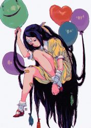 Rule 34 | 1girl, absurdres, balloon, bandaged arm, bandages, bandaid, black eyes, black hair, dress, heart, highres, holding, holding balloon, invisible chair, long hair, looking down, mary janes, original, red footwear, shoes, simple background, sitting, smiley face, ttanne, very long hair, white background, yellow dress