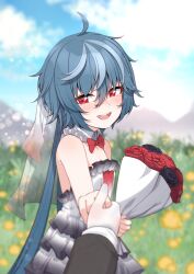 Rule 34 | 1girl, absurdres, ahoge, black flower, black rose, blurry, blurry background, bouquet, bow, bowtie, breasts, bridal veil, cloud, collar, commission, detached collar, dress, flower, frilled dress, frills, gloves, grey hair, hair between eyes, highres, holding, holding bouquet, holding hands, idol corp, long hair, multicolored hair, open mouth, pov, red bow, red bowtie, red eyes, red flower, red rose, rose, sky, small breasts, solo, strapless, strapless dress, streaked hair, tearing up, teeth, two-tone hair, upper teeth only, valefal coneri, veil, virtual youtuber, wedding dress, white collar, white gloves, yuko yurei