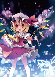 Rule 34 | 1girl, :d, bad id, bad pixiv id, bell (artist), bell (oppore coppore), blonde hair, blood, bug, butterfly, empty eyes, female focus, flandre scarlet, glowing, hat, insect, light particles, open mouth, red eyes, short hair, side ponytail, smile, solo, touhou, wings