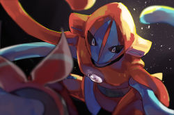 Rule 34 | 1girl, black background, black sclera, blurry, blurry foreground, brown hair, chest jewel, chikichi, colored sclera, creatures (company), deoxys, deoxys (normal), game freak, gem, gen 3 pokemon, glowing, hairband, highres, light particles, looking at another, may (pokemon), mythical pokemon, nintendo, no mouth, pokemon, pokemon (creature), pokemon oras, red hairband, simple background, solo focus, tentacles, white eyes