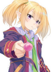 Rule 34 | 1girl, blonde hair, blush, candy, chloe (princess connect!), closed mouth, collared shirt, commentary request, food, food in mouth, green necktie, grey shirt, hair between eyes, holding, holding candy, holding food, holding lollipop, hood, hood down, hooded coat, hooded jacket, jacket, lollipop, long sleeves, looking at viewer, miri (ago550421), mouth hold, necktie, off shoulder, open clothes, open jacket, princess connect!, purple eyes, purple jacket, shirt, signature, simple background, solo, twintails, upper body, white background
