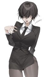 Rule 34 | 1girl, 4 ge, absurdres, arm behind back, black hair, black necktie, black pantyhose, black skirt, breasts, collared shirt, ear piercing, facing viewer, fang, formal, hair between eyes, hair over eyes, highres, large breasts, long sleeves, necktie, office lady, open mouth, original, pantyhose, pencil skirt, piercing, shirt, short hair, simple background, skirt, skirt suit, solo, suit, thighband pantyhose, white background, white shirt