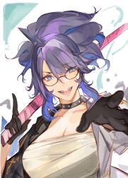 Rule 34 | 1girl, absurdres, black-framed eyewear, black choker, black coat, black gloves, black hair, blue eyes, blue hair, breasts, chest sarashi, choker, cleavage, coat, collar, collarbone, commentary, delinquent, glasses, gloves, hair between eyes, high ponytail, highres, holding, holding sword, holding weapon, kson, large breasts, looking at viewer, lucadark art, medium hair, mole, mole under eye, multicolored coat, multicolored hair, no shirt, open mouth, outstretched hand, piercing, purple hair, sarashi, smile, solo, souchou, streaked hair, sukeban, sword, teeth, tongue, tongue piercing, two-tone coat, upper body, virtual youtuber, vshojo, weapon, white coat