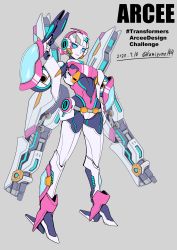 Rule 34 | 1girl, absurdres, arcee, artist name, autobot, bad id, bad twitter id, blue eyes, character name, commentary, dated, english commentary, grey background, gun, highres, holding, holding gun, holding weapon, kamizono (spookyhouse), looking at viewer, looking down, redesign, standing, transformers, weapon
