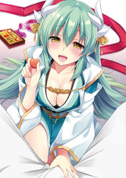 Rule 34 | 1girl, :d, aqua hair, blurry, blush, bottle, box, breasts, bulge, candy, chocolate, chocolate heart, cleavage, clothes grab, collarbone, commentary, crotch grab, depth of field, detached sleeves, fate/grand order, fate (series), feeding, fingernails, food, gradient background, green hair, hair ornament, half-closed eyes, heart, holding, holding food, horns, ikura nagisa, incoming food, japanese clothes, kimono, kiyohime (fate), large breasts, light particles, liquid, long hair, long sleeves, looking at viewer, open mouth, out of frame, pants, penis grab, pov, pov feeding, red ribbon, ribbon, sitting, smile, solo focus, spill, tongue, valentine, white legwear, white pants, wide sleeves, yellow eyes