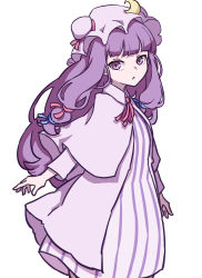 Rule 34 | 1girl, :&lt;, absurdres, blue ribbon, capelet, crescent, crescent hat ornament, dress, hair ribbon, hat, hat ornament, highres, kame (kamepan44231), long dress, long hair, mob cap, one-hour drawing challenge, patchouli knowledge, purple eyes, purple hair, red ribbon, ribbon, simple background, striped clothes, striped dress, touhou, vertical-striped clothes, vertical-striped dress, very long hair, white background