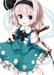 Rule 34 | 1girl, black bow, black bowtie, black hairband, black ribbon, blue eyes, blush, bow, bowtie, commentary request, feet out of frame, green skirt, green vest, hair ribbon, hairband, hand on own hip, highres, hitodama, holding, holding sword, holding weapon, katana, konpaku youmu, konpaku youmu (ghost), left-handed, looking at viewer, open mouth, petticoat, puffy short sleeves, puffy sleeves, ribbon, ruu (tksymkw), scabbard, sheath, sheathed, shirt, short hair, short sleeves, sidelocks, silver hair, simple background, skirt, skirt set, socks, solo, standing, sword, touhou, vest, weapon, white background, white shirt, white socks
