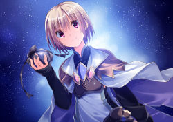 Rule 34 | 1boy, 1girl, brown hair, cape, holding, kuwashima rein, lest (rune factory), long sleeves, looking at viewer, male focus, night, night sky, pouch, purple eyes, rune factory, rune factory 4, short hair, sky, sleeves past wrists, smile, solo, star (sky)