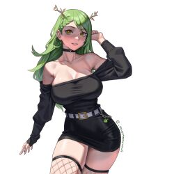 Rule 34 | 1girl, alternate costume, antlers, arm up, bare shoulders, belt, black choker, black nails, black shirt, black skirt, braid, braided bangs, branch, breasts, ceres fauna, choker, collarbone, ear piercing, earrings, fishnet thighhighs, fishnets, green hair, highres, hololive, hololive english, horns, jewelry, large breasts, long hair, long sleeves, miniskirt, nail polish, off-shoulder shirt, off shoulder, parted lips, piercing, seventeencrows, shirt, simple background, single braid, single earring, skirt, solo, thick thighs, thighhighs, thighs, virtual youtuber, wavy hair, white background, white belt, yellow eyes