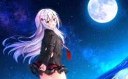 Rule 34 | 1girl, :d, arm behind back, arm grab, bad id, bad pixiv id, black jacket, blush, commentary request, fang, flower, frilled skirt, frills, from side, full moon, hair between eyes, hair flower, hair ornament, hairclip, highres, horizon, jacket, long hair, long sleeves, looking at viewer, looking to the side, masayo (gin no ame), moon, multicolored hair, nail polish, necktie, night, night sky, ocean, open clothes, open jacket, open mouth, original, outdoors, plaid, plaid skirt, red eyes, red flower, red hair, red nails, red necktie, red rose, red skirt, rose, silver hair, skirt, sky, sleeves past wrists, smile, solo, star (sky), starry sky, streaked hair, very long hair, water