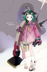 Rule 34 | 1girl, adapted costume, animal ears, bandages, dated, full body, goggles, goggles on head, gradient background, green eyes, green hair, highres, kasodani kyouko, long sleeves, looking at viewer, matching hair/eyes, mittens, namauni, shirt, signature, skirt, solo, steampunk, touhou, vacuum cleaner