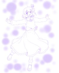 Rule 34 | 1girl, :d, bobby socks, danmaku, dress shirt, hair ribbon, isaki (gomi), long skirt, looking at viewer, mary janes, monochrome, open mouth, outstretched arms, purple theme, ribbon, rumia, shirt, shoes, short hair, skirt, smile, socks, solo, touhou, vest