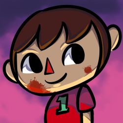 Rule 34 | 1boy, big-d, blood, blood on face, brown hair, animal crossing, highres, male focus, nintendo, red nose, shirt, smile, solo, super smash bros., t-shirt, villager (animal crossing)