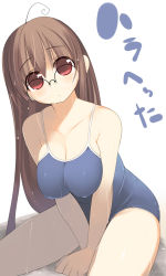 Rule 34 | 1girl, ahoge, arima senne, breasts, brown hair, cleavage, covered erect nipples, glasses, huge breasts, kashiwamochi yomogi, long hair, one-piece swimsuit, original, red eyes, school swimsuit, solo, swimsuit, translated