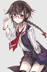 Rule 34 | 10s, 1girl, alternate costume, bad id, bad pixiv id, bag, bespectacled, blush, bow, bracelet, braid, brown hair, casual, commentary request, glasses, grey background, hair bow, hair flaps, hair ornament, handbag, highres, index finger raised, jewelry, kantai collection, long hair, necklace, necktie, purple eyes, red-framed eyewear, sameya, semi-rimless eyewear, shigure (kancolle), shigure kai ni (kancolle), single braid, smile, solo, sparkle, under-rim eyewear