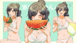 Rule 34 | 1girl, ball, beachball, bikini, black hair, blush, character request, copyright request, cowboy shot, eating, female focus, food, fruit, hair bun, highres, holding, holding ball, holding food, holding watermelon, looking at viewer, multiple views, navel, paddy field, ponytail, sitting, swimsuit, translation request, watermelon, watermelon slice, white bikini, yellow eyes