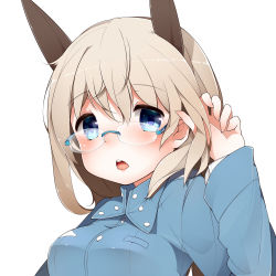 Rule 34 | 1girl, animal ears, bad id, bad pixiv id, bespectacled, blonde hair, blue eyes, blush, eila ilmatar juutilainen, glasses, kinakomoti, long hair, looking at viewer, military, military uniform, open mouth, simple background, solo, strike witches, uniform, upper body, white background, world witches series