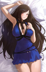 Rule 34 | 1girl, arm up, armpits, bed sheet, black hair, blue dress, blush, breasts, cleavage, cowboy shot, dress, final fantasy, final fantasy vii, final fantasy vii remake, highres, large breasts, latex, lips, long hair, looking at viewer, lying, neck ribbon, nhaliz, official alternate costume, on back, parted lips, pillow, red eyes, ribbon, solo, square enix, swept bangs, tifa lockhart, tifa lockhart (refined dress), very long hair
