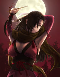 Rule 34 | 1girl, breasts, brown hair, carlmary, cleavage, fire emblem, fire emblem fates, hair ornament, hair over one eye, hair stick, kagero (fire emblem), large breasts, long hair, moon, night, nintendo, orange eyes, ponytail, scarf, solo, tree
