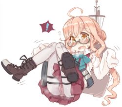 Rule 34 | !, 10s, 1girl, 7010, ahoge, blush, boots, full body, glasses, kantai collection, long hair, makigumo (kancolle), open mouth, oversized clothes, panties, panties under pantyhose, pantyhose, pantyshot, personification, pink hair, pink panties, purple skirt, school uniform, simple background, skirt, sleeves past wrists, smell, solo, spoken exclamation mark, underwear, upskirt, white background, white pantyhose, yellow eyes