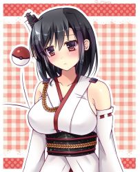 Rule 34 | 10s, 1girl, bare shoulders, black hair, blush, breasts, commentary request, creatures (company), detached sleeves, game freak, hair ornament, japanese clothes, kantai collection, large breasts, nintendo, nontraditional miko, obi, poke ball, poke ball (basic), pokemon, red eyes, sakura umi, sash, short hair, solo, upper body, yamashiro (kancolle)