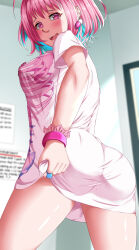 Rule 34 | 1girl, arm at side, ass, bare arms, blue hair, blurry, blurry background, blush, breasts, ceijin (rizalagoenk), clothes grab, covered erect nipples, cowboy shot, day, earrings, fang, from behind, from below, furrowed brow, highres, idolmaster, idolmaster cinderella girls, indoors, jewelry, large breasts, legs apart, light smile, looking at viewer, looking back, multicolored hair, open mouth, pill, pill earrings, pink eyes, pink hair, pink wristband, shirt, shirt grab, short sleeves, skeleton print, solo, t-shirt, twisted torso, two-tone hair, wristband, yumemi riamu