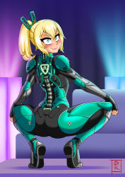 Rule 34 | 1girl, absurdres, armor, armpits, artist name, ass, b.k., back, blonde hair, blush, bodysuit, breasts, cameron maccloud, eyelashes, female focus, fingerless gloves, from behind, full body, gen lock, gloves, green bodysuit, green eyes, green headwear, hair between eyes, hands on own knees, happy, headgear, high collar, highres, indoors, legs, long hair, looking at viewer, neck, outstretched arms, parted lips, ponytail, power suit, rooster teeth, roosterteeth, seductive smile, sideboob, sidelocks, skin tight, small breasts, smile, solo, spotlight, spread arms, spread legs, squatting, stage, thighs, tiptoes, turning head