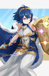 Rule 34 | 1girl, alternate costume, armor, bare shoulders, blue cape, blue eyes, blue hair, blue shirt, breastplate, cape, closed mouth, commentary request, falchion (fire emblem), fire emblem, fire emblem awakening, fur-trimmed cape, fur trim, gold trim, hair between eyes, holding, holding sword, holding weapon, morgan (female) (fire emblem), morgan (fire emblem), nintendo, pearlbbbb, pelvic curtain, see-through, see-through sleeves, shield, shirt, short hair, skirt, sleeveless, sleeveless shirt, solo, sword, tiara, weapon, white skirt