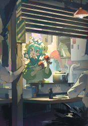 Rule 34 | 1girl, 2boys, :d, apron, aqua eyes, aqua hair, bag, baofandxy, bowl stack, braid, braided hair rings, cabinet, cooking, curtains, drainpipe, elbow rest, flower, food, food stand, from outside, green kimono, hair flower, hair ornament, hair rings, hands up, headdress, holding, holding food, japanese clothes, kettle, kimono, lamp, long sleeves, looking at another, looking away, looking to the side, multiple boys, night, octopus, open mouth, original, outstretched arm, paper bag, shirt, sitting, skewer, sleeves rolled up, smile, stove, takoyaki, tentacles, tokkuri, white shirt, window blinds