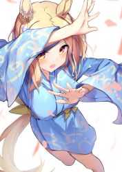 Rule 34 | 1girl, :o, absurdres, animal ears, blonde hair, blue kimono, blush, breasts, commentary, ear ornament, from above, highres, horse ears, horse girl, horse tail, japanese clothes, kimono, large breasts, narita top road (umamusume), official alternate costume, solo, tail, umamusume, yamada auto, yellow eyes, yukata