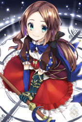 Rule 34 | 1girl, black bow, blue bow, blue eyes, blue gloves, blue pantyhose, blush, bow, bowtie, breasts, brown dress, brown hair, closed mouth, dress, elbow gloves, fate/grand order, fate (series), forehead, gauntlets, gloves, hair bow, highres, leonardo da vinci (fate), leonardo da vinci (fate/grand order), leonardo da vinci (rider) (fate), long hair, looking at viewer, pantyhose, parted bangs, ponytail, puff and slash sleeves, puffy short sleeves, puffy sleeves, red skirt, short sleeves, single gauntlet, sitting, skirt, small breasts, smile, solo, staff, wariza, yunekoko