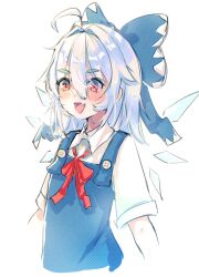 Rule 34 | 1girl, :d, ahoge, blue bow, blue dress, blue hair, bow, bowtie, cirno, commentary, cropped arms, cropped torso, dress, fang, hair bow, highres, ice, ice wings, medium hair, open mouth, pinafore dress, red bow, red bowtie, red eyes, simple background, skin fang, sleeveless, sleeveless dress, smile, solo, touhou, white background, wings, wwparasi