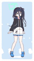 Rule 34 | 1girl, absurdly long hair, aris (blue archive), black hair, black hairband, black jacket, blue archive, blue eyes, blue footwear, blush, boots, closed mouth, full body, green halo, hairband, halo, highres, hood, hood down, hooded jacket, jacket, long hair, long sleeves, one eye closed, smile, solo, very long hair, yoru nai