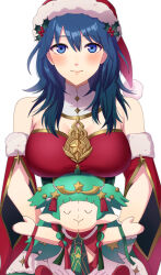 Rule 34 | 1girl, absurdres, blue eyes, blue hair, blush, breasts, byleth (female) (fire emblem), byleth (female) (frosty professor) (fire emblem), byleth (fire emblem), character doll, cleavage, commentary request, detached sleeves, fire emblem, fire emblem: three houses, fire emblem heroes, hat, highres, holding, holding stuffed toy, large breasts, long hair, looking at viewer, nintendo, red hat, santa hat, short sleeves, simple background, smile, solo, sothis (fire emblem), strapless, stuffed toy, tube top, upper body, ushiroki, white background