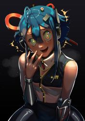 Rule 34 | 1girl, @ @, absurdres, android, bare shoulders, barley juice, black background, blue hair, commentary, english commentary, highres, looking at viewer, magnet, multicolored eyes, original, smile, solo