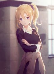 Rule 34 | 1girl, blonde hair, blouse, blue eyes, blue nails, blue scrunchie, breasts, closed mouth, clothes around waist, collared shirt, crossed arms, gomzi, hair between eyes, hair ornament, hair scrunchie, hayasaka ai, jewelry, kaguya-sama wa kokurasetai ~tensai-tachi no renai zunousen~, long hair, long sleeves, looking at viewer, medium breasts, nail polish, necklace, ponytail, school uniform, scrunchie, shirt, shuuchiin academy school uniform, side ponytail, signature, sleeves rolled up, solo, sweater, sweater around waist, sweater vest, uniform, white shirt