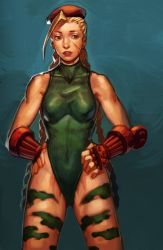 Rule 34 | 1girl, ahoge, bam (s2leona), beret, blonde hair, blue eyes, bodypaint, braid, breasts, cammy white, camouflage, cowboy shot, fingerless gloves, gg (s2leona), gloves, hands on own hips, hat, huge ahoge, leotard, long hair, nose, scar, small breasts, solo, standing, street fighter, twin braids