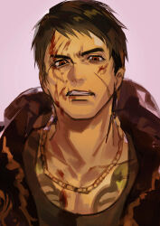Rule 34 | 1boy, absurdres, black hair, black jacket, black shirt, blood, blood on face, brown eyes, chain, chest tattoo, clenched teeth, collarbone, gold chain, highres, jacket, kuromonoka, looking at viewer, male focus, open mouth, pink background, ryuu ga gotoku (series), ryuu ga gotoku 7 gaiden, scar, scar on face, scar on lip, shirt, shishido kosei, simple background, solo, tattoo, teeth, upper body, v-shaped eyebrows