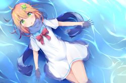 Rule 34 | 1girl, :o, afloat, blonde hair, blue scarf, blush, bow, dress, from above, gabriel dropout, green eyes, hair between eyes, hair ornament, highres, kyuukon (qkonsan), looking at viewer, messy hair, outstretched arms, parted lips, partially submerged, red bow, sailor dress, scarf, school uniform, serafuku, short sleeves, solo, tapris chisaki sugarbell, water, white dress