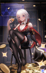 Rule 34 | 1girl, bare shoulders, black gloves, black pantyhose, blush, bottle, breasts, cleavage, coin, elbow gloves, gloves, hair ornament, highres, honkai: star rail, honkai (series), large breasts, ling dianxia, looking at viewer, pantyhose, purple eyes, red hair, single glove, sitting, smile, solo, stool, topaz (honkai: star rail), topper (nu carnival), torn clothes, torn pantyhose, white hair