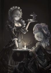 Rule 34 | 2girls, absurdres, bat wings, blonde hair, braid, candle, cup, dress, female focus, food, fruit, grapes, hat, highres, izayoi sakuya, maid headdress, multiple girls, open mouth, qianqian, red eyes, remilia scarlet, short hair, silver hair, teacup, touhou, wings