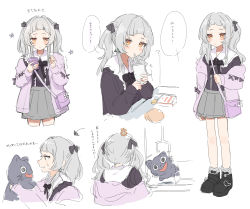 Rule 34 | 1girl, absurdres, anger vein, bag, black bow, black bowtie, black footwear, black shirt, bow, bowtie, burger, closed mouth, commentary request, drink, drinking straw, drinking straw in mouth, food, grey hair, grey skirt, hair bow, handbag, highres, holding, holding drink, hololive, jacket, long sleeves, multiple views, murasaki shion, off shoulder, oisiimizu, open clothes, open jacket, orange eyes, parted lips, profile, purple jacket, sad, shirt, simple background, skirt, speech bubble, translation request, twintails, virtual youtuber, white background