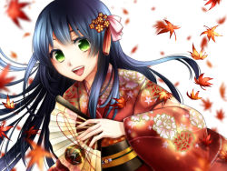 Rule 34 | 1girl, :d, black hair, blurry, blush, depth of field, hand fan, floral print, folding fan, green eyes, hair ornament, japanese clothes, kimono, leaf, long hair, looking at viewer, makina (frog), maple leaf, obi, open mouth, original, sash, smile, solo, upper body, wallpaper