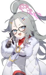 Rule 34 | 1girl, absurdres, ahoge, bangs pinned back, black gloves, black pantyhose, blue archive, blue eyes, blush, coat, commentary, cowboy shot, dress, fur-trimmed coat, fur trim, glasses, gloves, grey hair, hair ornament, hairclip, halo, hand up, highres, holding, holding stylus, huge ahoge, leaning forward, long hair, long sleeves, looking at viewer, mask, mask around neck, meru (blue archive), neckerchief, open mouth, pantyhose, partially fingerless gloves, pg (pege544), pink halo, print neckerchief, sailor collar, simple background, solo, stylus, teeth, tongue, turtleneck, white background, white dress, white sailor collar