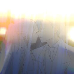 Rule 34 | 1boy, 1girl, blue hair, chamwa, closed eyes, commentary, dress, earrings, elf, formal, frieren, hashtag-only commentary, hetero, highres, himmel (sousou no frieren), husband and wife, imminent kiss, jacket, jewelry, long hair, mole, mole under eye, necktie, noses touching, parted lips, pointy ears, shirt, short hair, sousou no frieren, suit, suit jacket, twintails, upper body, veil, wedding dress, white dress, white hair, white jacket, white necktie, white shirt, white suit