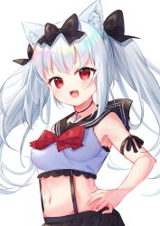 Rule 34 | 1girl, :d, animal ear fluff, animal ears, azur lane, bare shoulders, black bow, black sailor collar, black skirt, blush, bow, breasts, cat ears, commentary request, crop top, covered erect nipples, fang, hair bow, hand on own hip, highres, looking at viewer, medium breasts, midriff, open mouth, pleated skirt, red bow, red eyes, sailor collar, school uniform, serafuku, shirt, silver hair, skirt, sleeveless, sleeveless shirt, smile, solo, tsukiman, twintails, white shirt, yukikaze (azur lane)