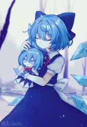 Rule 34 | 1girl, aolaite, bare tree, blue bow, blue hair, blue skirt, blue vest, blurry, blurry background, bow, cirno, cirno day, closed eyes, closed mouth, commentary, detached wings, doll, fumo (doll), hair bow, highres, ice, ice wings, shirt, short hair, short sleeves, skirt, solo, symbol-only commentary, touhou, tree, twitter username, vest, white shirt, wings