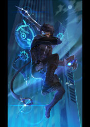 Rule 34 | 1boy, abs, alternate costume, artist name, bayonet, belt, black hair, black pants, black shirt, boots, building, cityscape, dark skin, dropping, ein choi, elsword, full body, glint, highres, holding, holding knife, holographic interface, knife, looking at viewer, male focus, mechanical arms, monocle, moon, pants, raven cronwell, scar, scar on face, shirt, short hair, single mechanical arm, skin tight, skyscraper, soldier, solo, weapon, yellow eyes