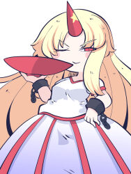 Rule 34 | 1girl, blonde hair, blue skirt, blush stickers, chahan (fried rice0614), chain, closed mouth, cuffs, cup, highres, holding, holding cup, horns, hoshiguma yuugi, long hair, one-hour drawing challenge, one eye closed, oni horns, red eyes, red horns, sakazuki, shirt, short sleeves, simple background, single horn, skirt, smile, solo, touhou, upper body, white background, white shirt