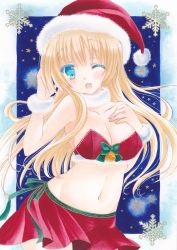 Rule 34 | 1girl, acrylic paint (medium), aqua eyes, bad id, bad pixiv id, bell, blonde hair, breasts, cleavage, hand on own chest, hand to head, hat, highres, jingle bell, large breasts, long hair, looking at viewer, midriff, navel, one eye closed, open mouth, original, painting (medium), pom77, red skirt, ribbon, santa costume, santa hat, skirt, snow, solo, stomach, traditional media